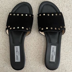 Jimmy Choo SZ 38 studded sandal. Black Suede and Gold.